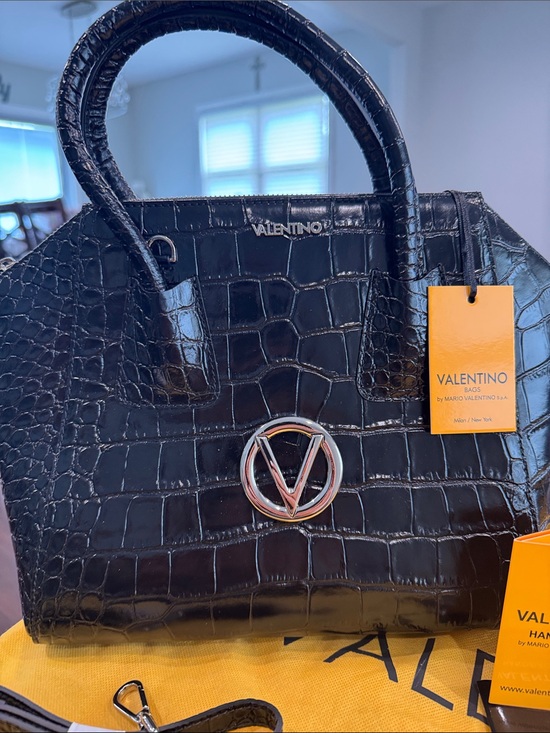 Valentino Handbags - Valentino Black Croc-Embossed Top-Handle Satchel with V Logo